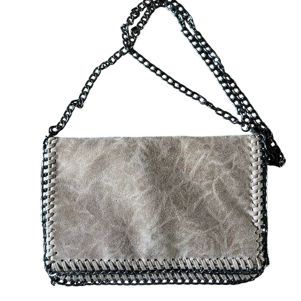 Brown Leather Folding Purse with Crossbody Chain & Chain Link Detail